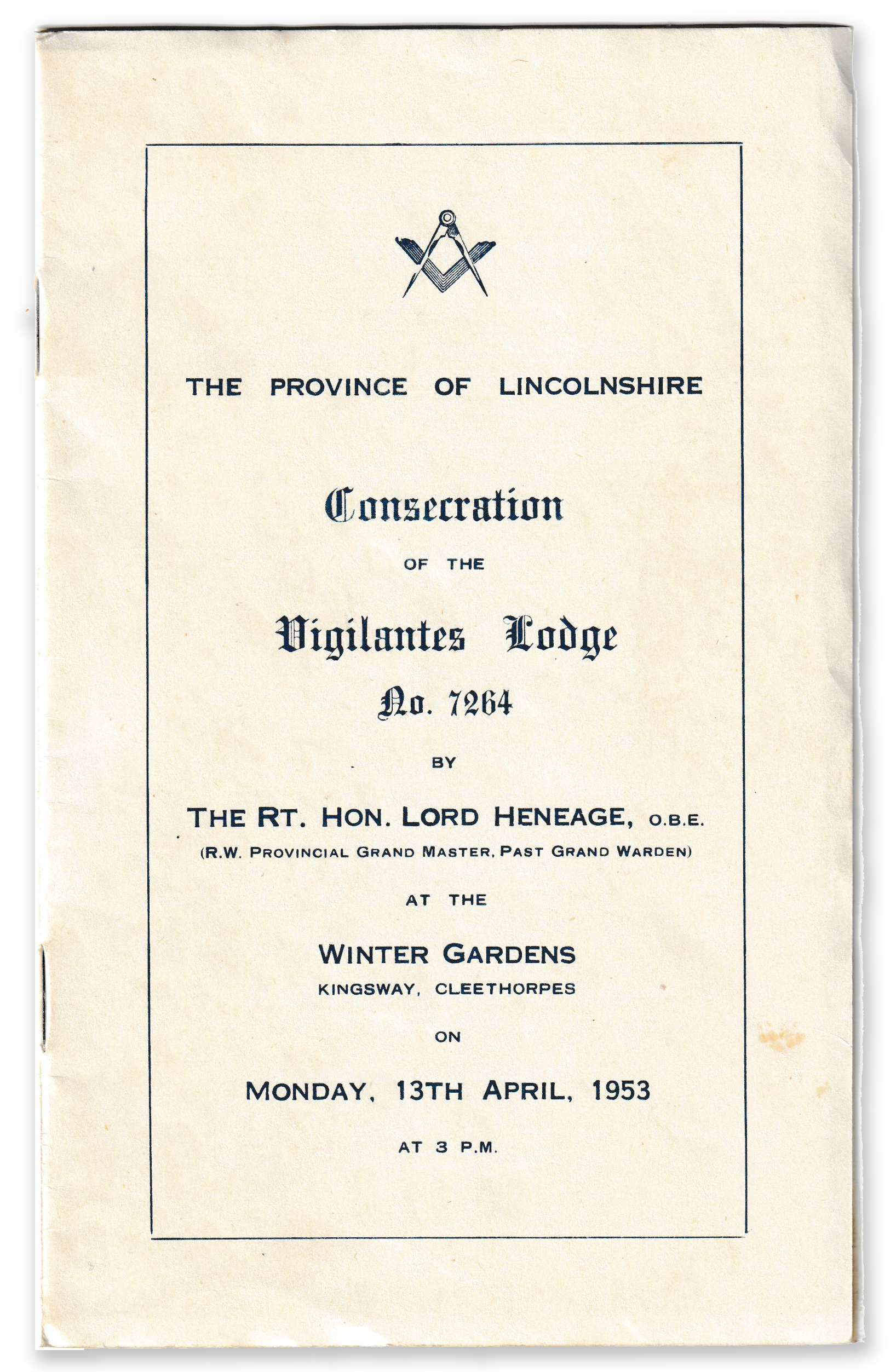 The Summons cover for the 1953 Consecration of Vigilantes Lodge